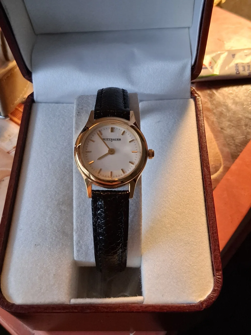 Women’s Gold-Tone Dress Watch with Black Leather Strap